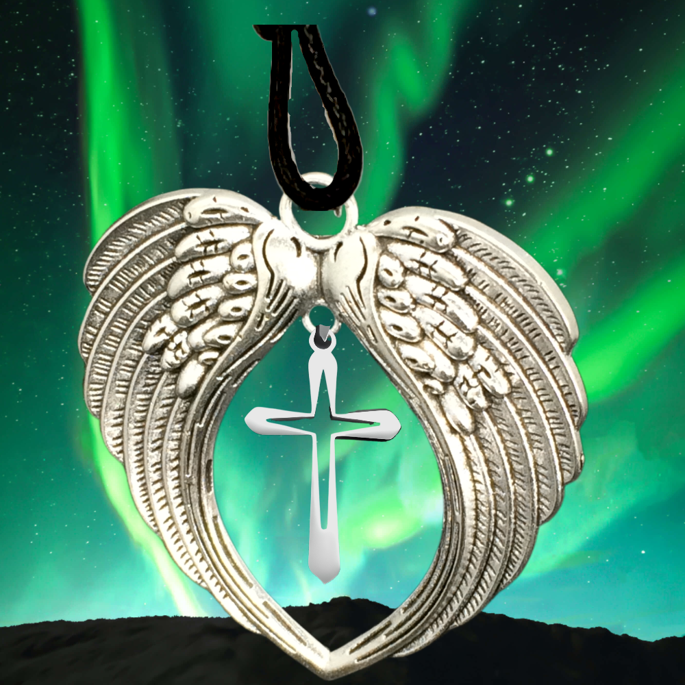 1 Dije Activado de Cruz para Obtener Justicia Divina 45x25mm Acero Inoxidable en Alas de Angel 80x60mm en Collar de Piel